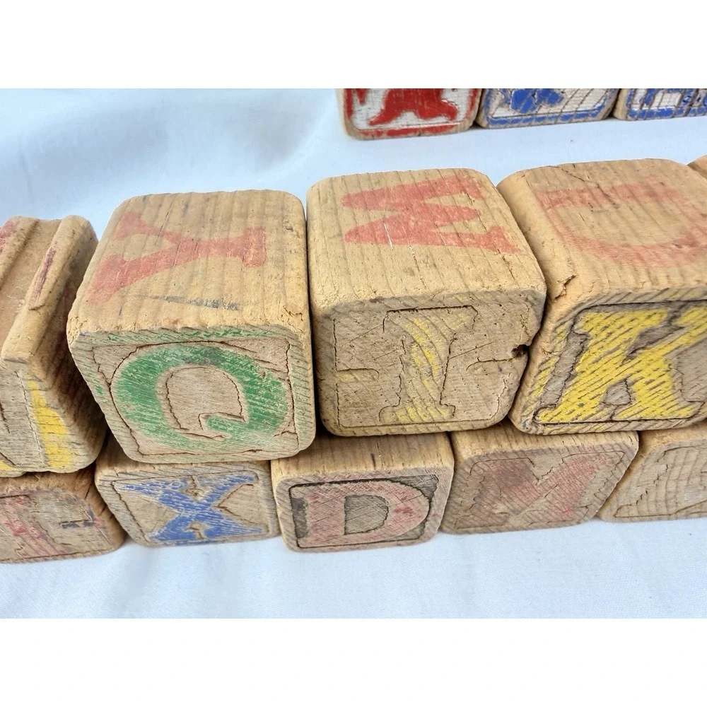 Vintage Wooden Alphabet Blocks‎ ABC Picture Toy Set 44 Nursery Rhyme Animals
